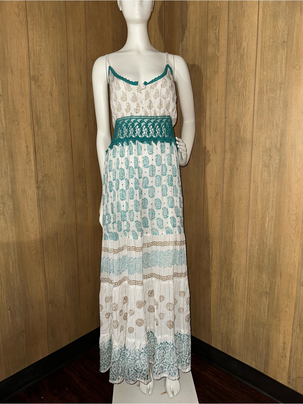 Sacred Threads White Maxi Dress with Teal Crochet Waist